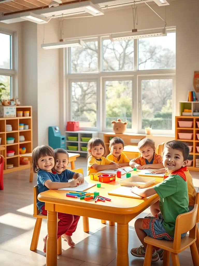 A cheerful image of children playing and learning in a kindergarten, showcasing AlexaNaomi Photo's experience in institutional photography.
