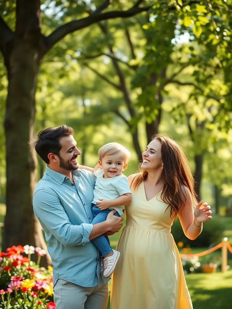 A heartwarming image capturing a family laughing together during a photoshoot in a sunlit park, showcasing AlexaNaomi Photo's expertise in family photography.