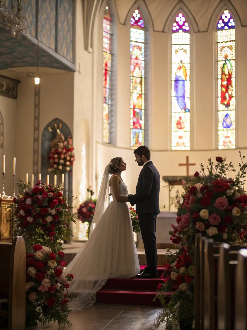 A beautifully composed image of a bride and groom exchanging vows in a picturesque church, highlighting AlexaNaomi Photo's skill in wedding photography.